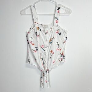 Loft Blouse Womens Size XS White Shirt Multi Floral Tie Button Front Tank Top